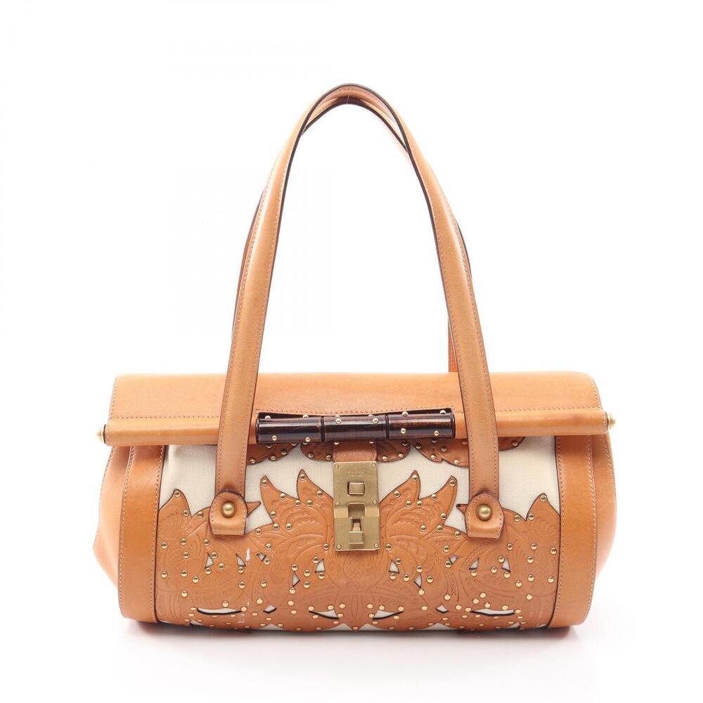 Gucci Flower Carving Handbag Canvas Leather White Brown